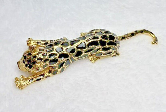 brooch- Large Cheetah Articulated tail  5 Inches heavy green rhinestone eyes