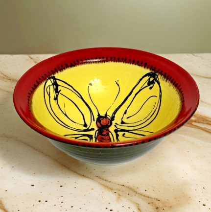 Artisan Pottery Butterfly Bowl red and yellow 8 inches