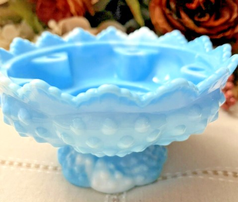 Vintage Fenton blue hobnail footed pillar candle holder