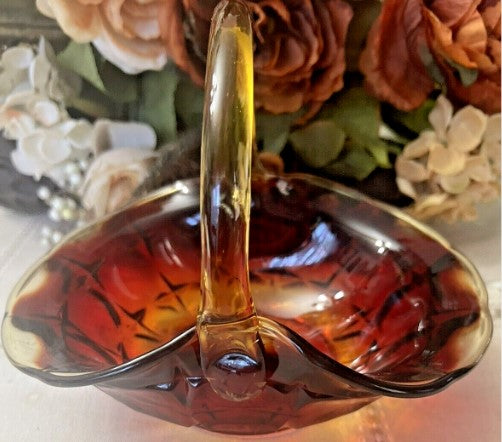 Indiana Tiara Glass Amberina Sunset Constellation Basket Glows  blacklight 8"