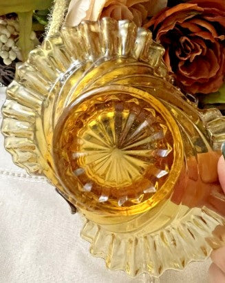 Vintage Glass Amber Ruffled Basket with swirl pattern and handle