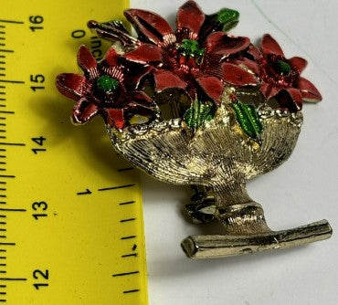 Brooch Poinsettia Flower Colorful Christmas Bouquet Gold Tone 1.5 inches