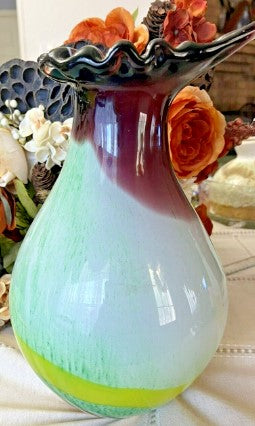 Vintage Hand-Blown Art Glass Vase Amethyst to Green Ruffle Top Heavy 9lbs