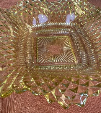 Vintage MCM Indiana Glass Diamond Point Amber Ruffled Nut Candy Dish Bowl  9 Oz