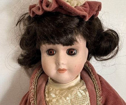 Porcelain Doll Victorian Dressed Maroon Velvet Dress  17 Inches