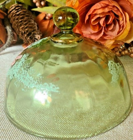 Hand painted Glass Dish With Lid  Green  6 Inches tall