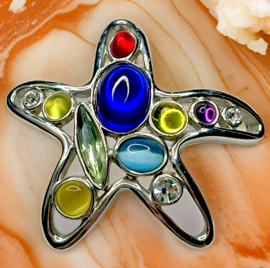 Brooch Vintage Blue  Silvertone Metal Multi-Color Crystal Starfish