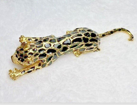 brooch- Large Cheetah Articulated tail  5 Inches heavy green rhinestone eyes