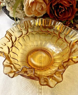 Vintage Amber Fenton Glass Thumb Print Crimped Glass Bowl