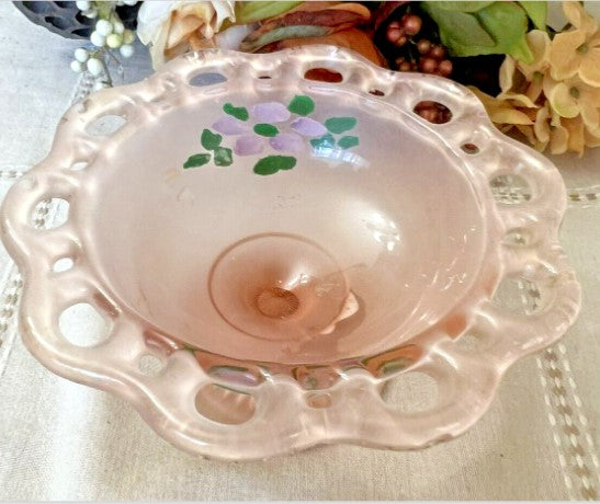 Anchor Hocking Pink Depression Glass Satin Lace Edge Candy Dish 7.5"