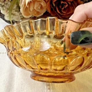 Vintage Amber Fenton Glass Thumb Print Crimped Glass Bowl