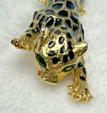 brooch- Large Cheetah Articulated tail  5 Inches heavy green rhinestone eyes