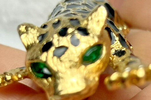 brooch- Large Cheetah Articulated tail  5 Inches heavy green rhinestone eyes