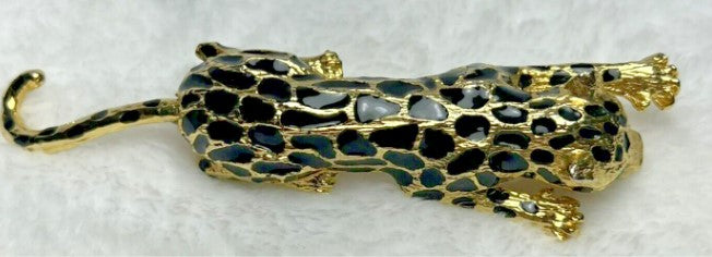 brooch- Large Cheetah Articulated tail  5 Inches heavy green rhinestone eyes