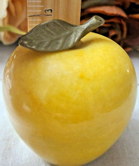 Vintage Yellow Alabaster Apple Fruit Paperweight with Brass Leaf