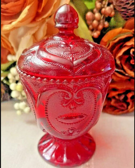 Vintage  Mosser Red Covered Candy Dish Jewelled Heart Pattern 8" (glows blacklight)