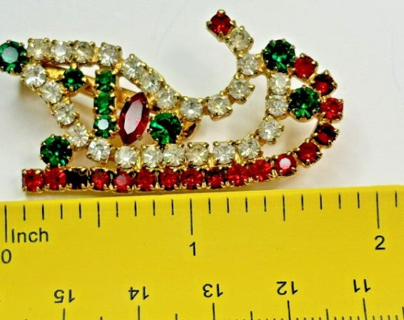 Brooch  Christmas Sleigh Design With Clear Red And Green Rhinestones  2 inches