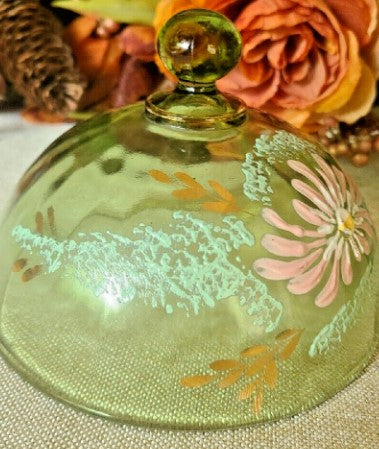 Hand painted Glass Dish With Lid  Green  6 Inches tall