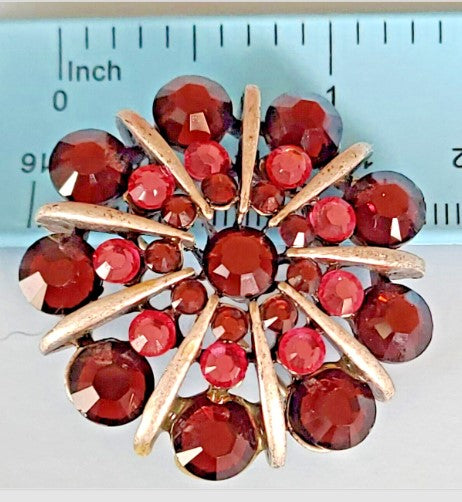 Brooch  vintage signed red pink crystal silvertone  1.5 Inches