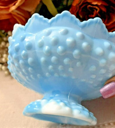 Vintage Fenton blue hobnail footed pillar candle holder