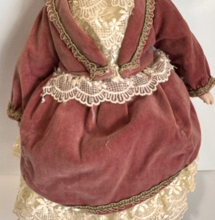 Porcelain Doll Victorian Dressed Maroon Velvet Dress  17 Inches