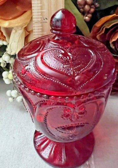 Vintage  Mosser Red Covered Candy Dish Jewelled Heart Pattern 8" (glows blacklight)