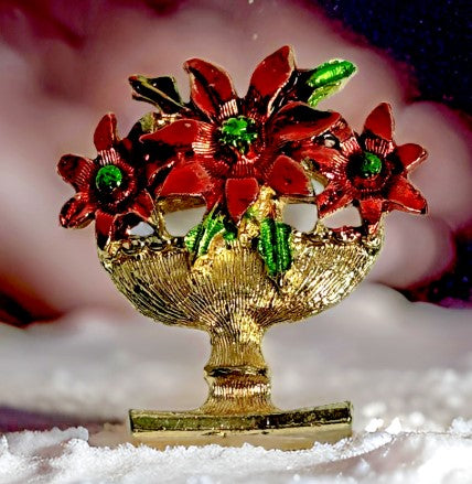 Brooch Poinsettia Flower Colorful Christmas Bouquet Gold Tone 1.5 inches