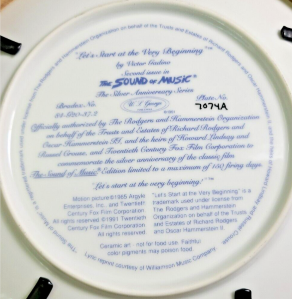 Sound of Music "Let's Start At The Very Beginning" Collectors Plate With frame