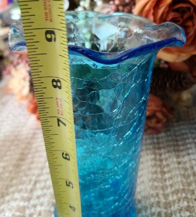 Large Blue Crackled Vase  9 Inches ruffled top Vintage