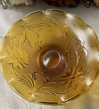 Vintage Tiara Amber Bowl Scalloped Crimped Edge Footed Indiana Glass 6" Wide