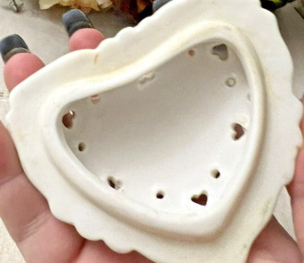 Porcelain White Heart Shaped Trinket Box With Flowers And Cut Out Hearts 3.5 inches