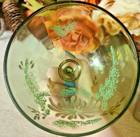 Hand painted Glass Dish With Lid  Green  6 Inches tall