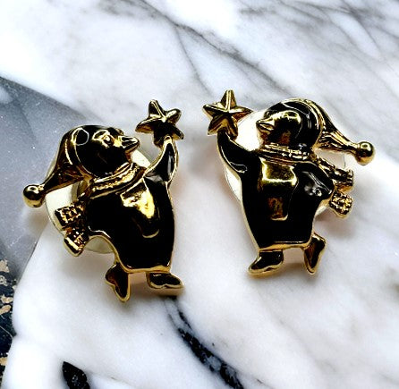 Earrings - Vintage Avon Stud  Gold Toned Penguin Design 0.75 Inches