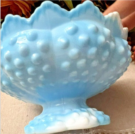 Vintage Fenton blue hobnail footed pillar candle holder