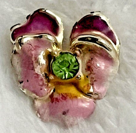 Enamel flower Brooch  pink with green rhinestone 0.75 inches