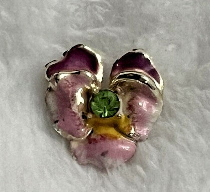 Enamel flower Brooch  pink with green rhinestone 0.75 inches