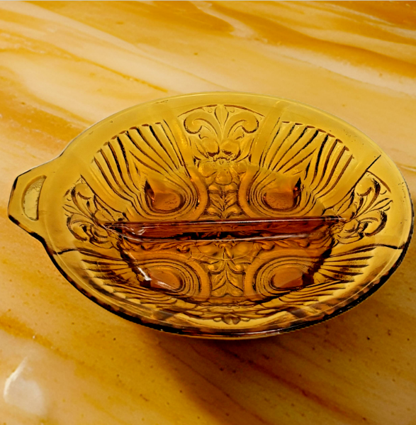 Vintage Amber Condiment Glass Divided Dish Serving  Bowl Amber 8 inches