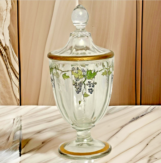 Vintage Cambridge Candy Jar with Lid and Painted Flowers Gold Trim 9"H