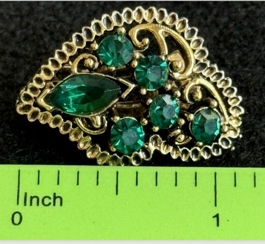 Green Rhinestone Clip On Earrings 1 inch Gold tone