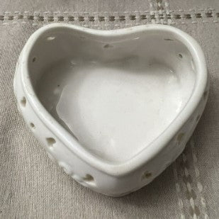 Porcelain White Heart Shaped Trinket Box With Flowers And Cut Out Hearts 3.5 inches