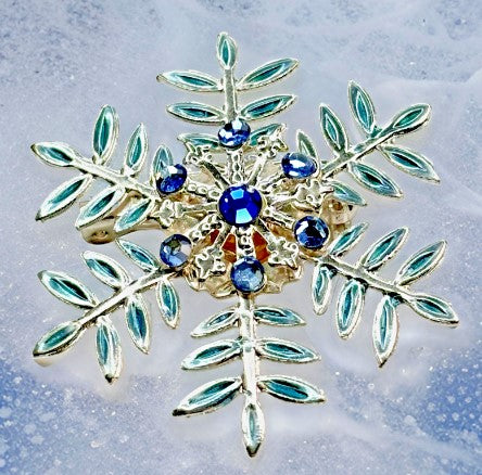 snowflake brooch silvertone  enamel and blue rhinestone 1.75 Inches