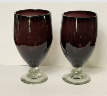 Hand Blown Amethyst Glass Goblets Set Wine/Water Purple  Bubbled Glass 8"