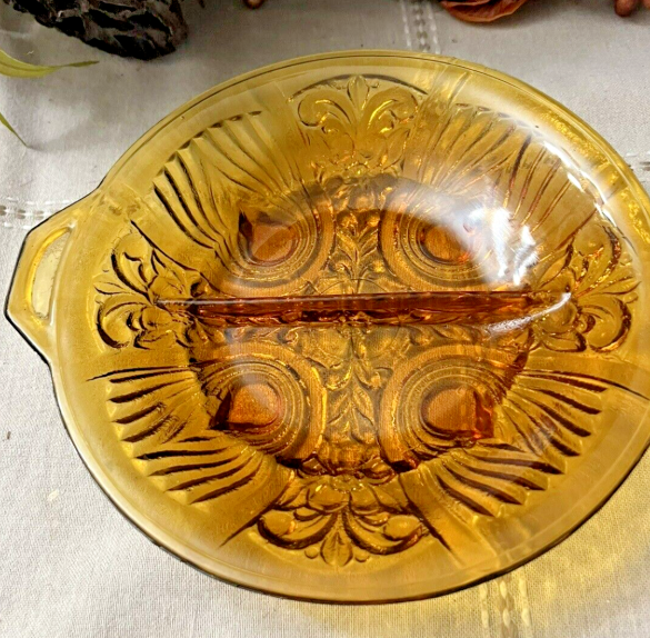 Vintage Amber Condiment Glass Divided Dish Serving  Bowl Amber 8 inches