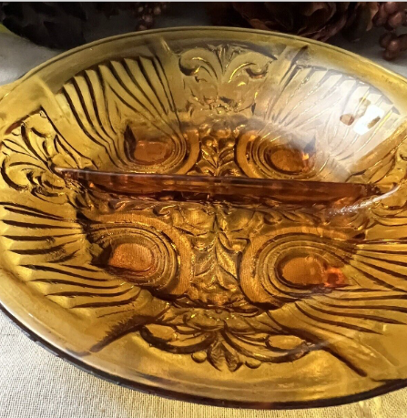 Vintage Amber Condiment Glass Divided Dish Serving  Bowl Amber 8 inches