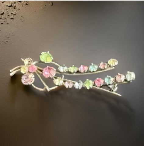 Brooch Rhinestone Pastel Vintage Silvertone, 2 Inches