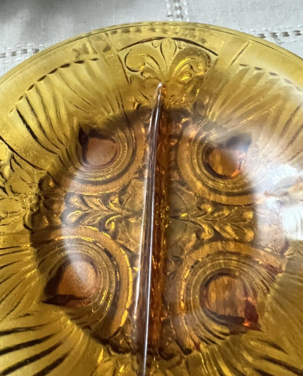 Vintage Amber Condiment Glass Divided Dish Serving  Bowl Amber 8 inches