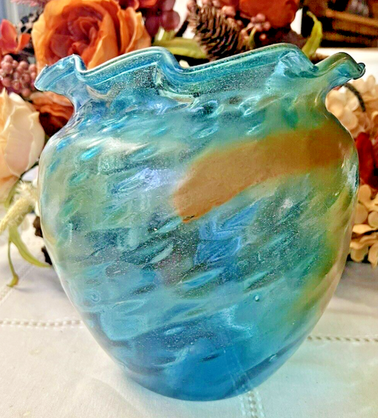 Vintage Blue Glass Rose Bowl Vase Ruffled Edge 5 1/4" Tall Good Condition