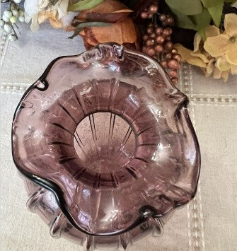 Vintage Cranberry Hand Blown Ribbed Ruffled Edge Oval Glass Vase 6 inches