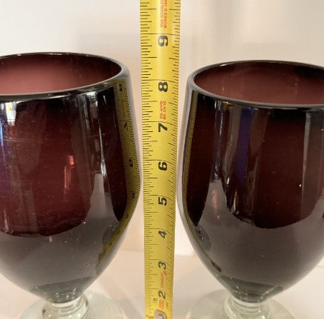 Hand Blown Amethyst Glass Goblets Set Wine/Water Purple  Bubbled Glass 8"