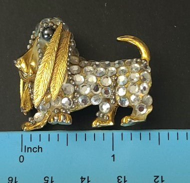 Brooch  basset hound  rhinestone  vintage signed  Aconda  1.25 inches